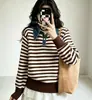 Estilo Coreano Estilo Perezoso 2026 Nuevo Suéter de Punto Rayas con Solapa Transfronterizo Color Suave Pegajoso Bloqueo de Color Moda Versátil Sentido del Diseño