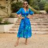 Kaikuo Vestido Transfronteiriço Europeu e Americano Amazon Primavera, Verão e Verão Elegante Cintura Decote V Chiffon Estampado Longo