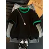 Camiseta de Verano para Hombre de Manga Corta con Bloques de Color Estilo Americano, Moderna, Holgada, Cuello Pequeño, Corte Limpio, Hombro Normal, Manga Media