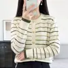 Cárdigan de punto de algodón puro para mujer, nuevo estilo otoño e invierno, cuello redondo, a rayas, bloques de color, chaqueta suéter, top versátil con botones