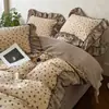 Conjunto de cama de quatro peças em linho de algodão pesado com estampa floral retrô de grau A para outono e inverno, algodão puro com acabamento em renda, estilo lençol de elástico 1,8m, 1,5