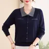 Tricô de Outono com Gola Lapela para Mães de Meia-idade e Idosos, Blusa Elegante Solta Emagrecedora de Primavera e Outono, Camada de Base Moderna, Blusa Pequena