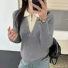 Malha Única Bonita de Outono com Gola Polo Toque de Luxo Suéter Falso Duas Peças Manga Longa Camada Base para Mulheres Top para Roupa Íntima
