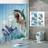 Conjunto de Cortina de Chuveiro Engraçada Transfronteiriça do TikTok: Gato Cavalgando Tubarão/Dinossauro Estampa Digital Cortina de Chuveiro à Prova d'Água Conjunto de Quatro Peças