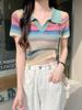 Suéter de Punto con Rayas Arcoíris Dopamina para Mujer, Nuevo Top Interior de Verano con Cuello Polo, Estilo Nicho Ajustado