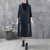 Chaleco de Mezclilla Largo Holgado con Cuello en V Transfronterizo para Mujer Otoño Nuevo Artístico Retro Color Sólido Chaleco Exterior Moda Femenina