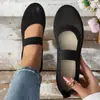 Zapatos planos de punto transpirables de boca baja para mujer, estilo europeo y americano, con diseño cruzado hueco, color liso, puntera redonda, zapatos de baile, wish en stock