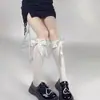 Meias 3/4 Pretas com Laço para Mulheres Finas de Verão Fofas Meia de Cano Médio Meias Longas Lolita com Laço Jk