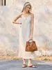 Oferta Especial por Tempo Limitado Vestido de Linho Puro Francês Gola V Alças Finas Tecido de Linho Ligeiramente Sexy Corte em Viés Saia de Verão Elegante Feminina
