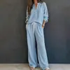2026 Novo Moda Feminina Europeia e Americana Transfronteiriça Estilo Casual Preguiçoso Retrô Conjunto de Camisa de Manga Longa e Calça Cor Sólida Waffle para Mulheres