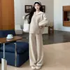 Mujeres Embarazadas Otoño Invierno Nuevo Bloque de Color Solapa Nuevo Estilo Perezoso Talla Grande Suéter Tejido Pantalones de Pierna Ancha Dulce Conjunto Adelgazante