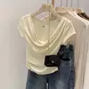 Diseño INS cuello de solapa hombros camiseta manga corta verano top corto cintura sexy puro camisa mujeres venta al por mayor
