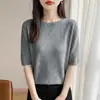 Top de punto con patrón de espiga de manga media para mujer, nuevo y elegante para principios de otoño de 2026, camiseta básica sin costuras de manga tres cuartos de una línea