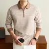 Camiseta de Manga Larga Rayada con Solapa para Hombre de Lana y Seda 2026 Otoño Invierno Nueva Camiseta Térmica Cálida de Media Cremallera para Hombre