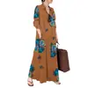 Destaque 2024 Algodão e Linho Estampado Gola Lapela Manga Longa Bolso Simples Solto Literário Casual Vestido Camisa Longo