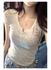 Blusa Floral Novo Estilo Americano Fresca Gola Redonda Floral Três Botões Moda Casual Slim Manga Curta Camiseta para Mulheres Ins