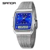Reloj de Negocios para Hombre Sanda Moda Tendencia Luminoso Resistente al Agua Pantalla Dual Correa de Acero Forma de Barril Reloj Electrónico Multifuncional
