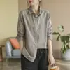 1362 Camisa de Manga Larga a Rayas Verticales de Algodón Lino Retro Nueva Holgada Adelgazante Rejuvenecedora Versátil