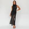 Vestido Nuevo Sexy de Estilo Europeo y Americano de Gama Alta 2025 con Cintura Fruncida Ceñida y Elegantes Detalles de Malla y Transparencias