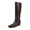 Botas de Caballero de Cuero de Dos Capas para Mujer, Botas Largas de Caña Alta para Mujer, Puntera Cuadrada, Cuero Genuino, de Poner, Botas de Otoño/Invierno, No por Encima de la Rodilla, Tacón Oculto