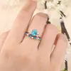 Anillos de Pareja con Forma de Gota de Agua, Moda Bohemia Transfronteriza Súper Trendy, Anillos de Diseño Personalizado con Incrustaciones de Diamantes y Turquesa, Lujo Ligero, Venta al por Mayor