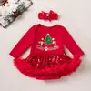 Venta directa de fábrica vestido navideño para niña pequeña enterizo de malla con lentejuelas de manga larga para bebé con diadema y calentadores de piernas conjunto