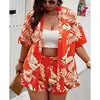 2024 Roupa Feminina Transfronteiriça Europeia e Americana Nova Primavera e Verão Amazon Moda Cardigã Shorts Conjunto Casual Estilo Resort Estampado