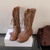 Nuevas Botas de Media Caña con Tacón Grueso, Punta Redonda y Cordones, Versátiles para Otoño e Invierno 2026 para Mujer, Cómodas y Fáciles de Usar con Suelas Suaves, Estilo Slip-On