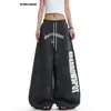Pantalones Deportivos Casuales de Tiro con Cordón con Estampado de Letras Desgastadas Estilo Retro Americano 2025 Unisex Holgados Rectos de Pierna Larga hasta el Suelo