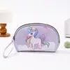 Bolsa de maquillaje de PU semicircular con estampado de dibujos animados, linda bolsa de almacenamiento de mano para niña, bolsa de aseo portátil para viajes al aire libre