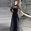 2025 nuevo vestido negro de manga larga ajustado con costuras de malla de cuello alto para mujer, comercio exterior transfronterizo de Amazon europeo y americano