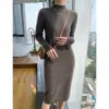 Vestido de Lã 100% Pura com Gola Alta Meia-Calça Feminino Outono e Inverno Novo Comprimento Médio Caxemira Slim Fit Vestido Suéter Base