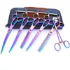 Tijeras de belleza para mascotas de 7.0 pulgadas color negro galvanizado 5 dientes de corte recto tijeras de corte curvo tijeras de hueso de pescado peine de fila en stock