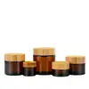 Pote de Creme de Vidro Marrom 30g com Tampa de Bambu, Frasco Reutilizável para Máscara Facial, Creme Facial, Cosméticos, Frasco Vazio, Frasco de Vidro para Skincare