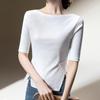 Camiseta de Manga Média para Mulheres 2025 Nova Camiseta Elegante de Um Ombro Cor Pura Algodão Top Chic com Fenda na Cintura