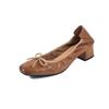Piel de Vaca de Primera Capa Cuadrado Retro Puntera Cuadrada Lazo Tacón Grueso Medio Zapatos Planos de Boca Baja Completamente de Cuero Super Suaves Zapatos de Moda para Mujer