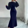 Moda Feminina Transfronteiriça Europeia e Americana 2026 Elegante Vestido Longo Sereia com Renda e Strass de Manga Longa Acinturado