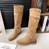 Botas de tacón grueso con hebilla de alta caña, botas de caballero con cordones cruzados, botas largas para mujer, nuevas, retro, versátiles, para otoño
