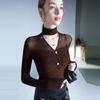 Elegante top de cuello alto halter invierno Nuevo Malla microtransparente con costuras de terciopelo camisa interior sin hombros sexy camisa pequeña