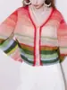 Nuevo Cardigan de Lana para Mujer Otoño e Invierno 2024, Nicho Chic, Cuello en V, Contraste de Color Arcoíris, Retro Chic, Manga de Farol de Gama Alta