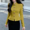 Suéter de punto de alta gama de un solo botón con cuello mao y manga larga para mujer a principios de otoño, con efecto adelgazante y ajuste ceñido, top de punto para llevar debajo