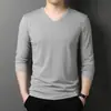 Camiseta Versátil de Manga Longa Elástica para Primavera e Outono Nova Camisa Básica Masculina Casual com Gola Redonda ou V Simples Pulôver Atacado