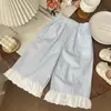 Conjunto de Verano Estilo Coreano para Niñas, Pantalones Rectos de Cuadros Azules con Adorno de Encaje, Pantalones Anchos para Bebé, Pantalones Crop para Niños, Estilo Delgado