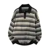 Suéter Retro Japonés a Rayas con Bloques de Color y Cuello para Hombre, Otoño, Pareja, Corte Holgado, Falso Dos Piezas, Manga Larga, Punto Polo Q