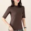 Camiseta de Algodón de Manga Media para Mujer Top de Manga Siete Puntos Cuello Medio Alto Camiseta Básica Primavera y Otoño 2022 Verano Nuevo Ajustado