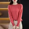 Suéter de punto suelto con cuello redondo, patrón de rombos calados, 100% lana, de manga larga, adecuado como capa base para ropa de mujer