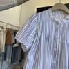 Gongyu Weng Estilo Coreano Sentido del Diseño Raya Azul Puntada Encaje Plisado Camisa de Manga Corta Verano Nuevo Top Elegante Versátil