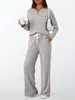 Conjunto informal de punto acanalado cepillado de dos piezas para otoño/invierno 2026, europeo y americano, con mangas largas holgadas y pantalones largos