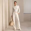 Estilo Simples Europeu e Americano Outono Inicial Novo Conjunto de Duas Peças Calça de Malha de Lã Cor Sólida para Mulheres Top de Manga Longa com Calça Reta com Costela