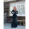 Comércio transfronteiriço calças de moletom femininas estilo americano vintage, perna larga solta estampa de letras retrô casual versátil calças retas
